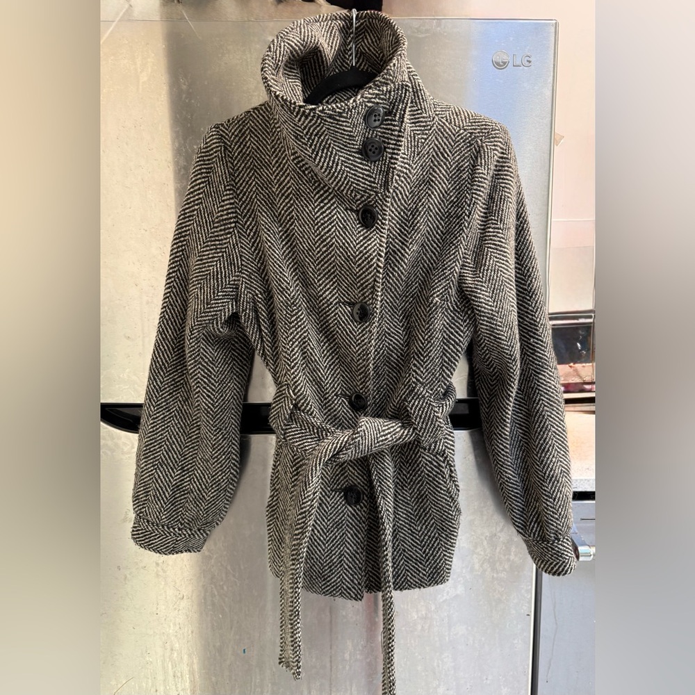 H&M Black and Gray Herringbone Trench Coat